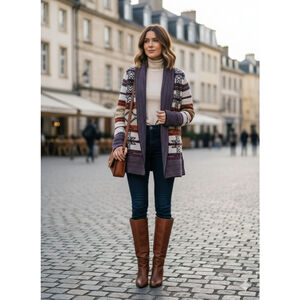 Women's BCBGMAXAZRIA Brown White Patterned Cardigan L